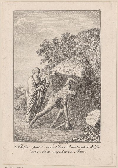 Teseo encuentra una espada y otras armas bajo una piedra, lámina 1 para el "Teseo" de Becker de Daniel Nikolaus Chodowiecki