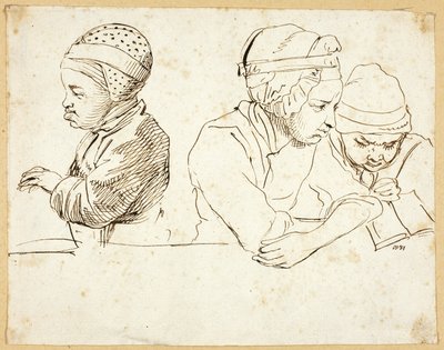 Tres niños (recto); Bocetos de cabeza, ojos, labios y flores (verso) de Daniel Nikolaus Chodowiecki