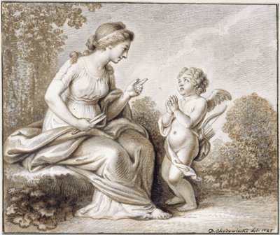 Venus amenaza con cortar las alas a Cupido, que está de pie a su derecha de Daniel Nikolaus Chodowiecki