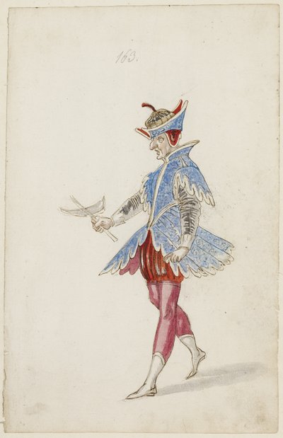 Figura masculina en un traje azul y rojo del Ballet des quatre saisons de l
