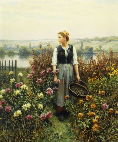 Niña con una cesta en un jardín de Daniel Ridgway Knight