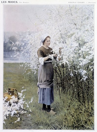 Primavera: Mujer recogiendo flores - ilustración de R. Knight, c. 1905 de Daniel Ridgway Knight