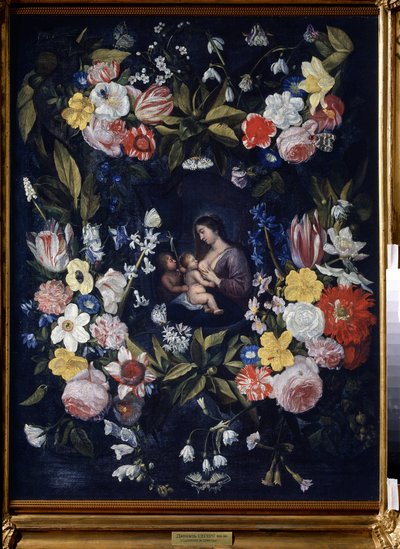 Corona de Flores con la Virgen y el Niño (Corona Floral con la Virgen y el Niño). Pintura de Daniel Seghers (1590-1661). Óleo sobre lienzo, 82 x 64 cm. Arte flamenco, arte barroco. Museo Estatal de Arte, Tula (o Tolán). de Daniel Seghers