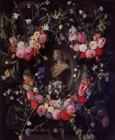 Guirnalda de flores rodeando un busto de mármol del Archiduque Leopoldo Guillermo, c.1647 de Daniel Seghers