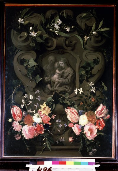 La Virgen y el niño, Santa Isabel y Juan Bautista de niño en una guirnalda de flores. Pintura de Daniel Seghers (1590-1661). Óleo sobre cobre, 84 x 61 cm de Daniel Seghers