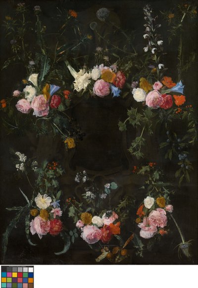 Cartela esculpida adornada con guirnaldas de flores de Daniel Seghers