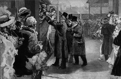 Louise Michel regresó a Francia (1830-1905) después de su deportación por su participación en la Comuna de París. Fue recibida en la estación de Saint Lazare por Henri Rochefort (1831-1913), Louis Blanc (1811-1882) y Georges Clemenceau (1841-1929) de Daniel Urrabieta Vierge