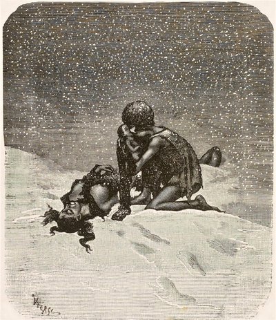 El hombre que ríe - Gwynplaine y la pequeña Dea, por Daniel Vierge de Daniel Vierge