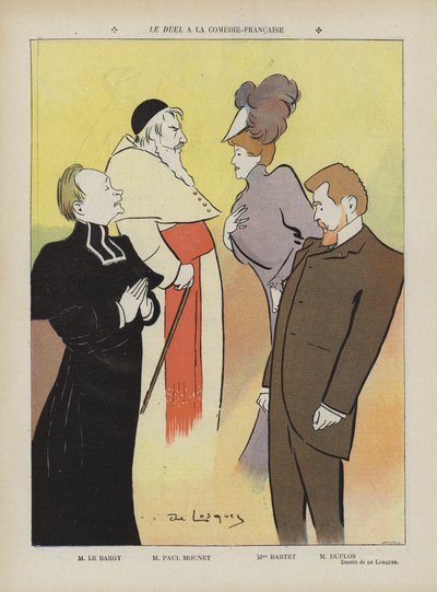 Producción de la obra Le Duel en la Comédie-Française. Ilustración para Le Rire de Daniel de Losques