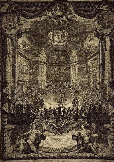 El Gran Banquete de S.A.R. la Princesa de Orange, celebrado en diciembre de 1686 en el Salon du Bois en La Haya, en honor del cumpleaños del Príncipe de Orange (grabado) de Daniel the Elder Marot