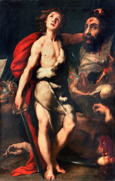 David vencedor del gigante Goliat sostiene su cabeza con la mano Pintura de Daniele Crespi (1598-1630) 1623 Palazzo Borromeo, Isola Bella, Stresa Italia de Daniele Crespi