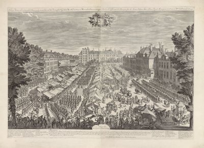 Feria de La Haya con el Príncipe y la Princesa de Orange, 1686 La feria de La Haya con el cartel de hamburguesas en ascenso presentando a sus Altezas Reales mi señor el príncipe y la señora princesa de Orange / Foire de la Haye, avec les bourgois sous les  de Daniël Marot (I)