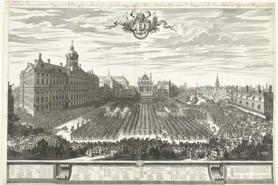 Pistoleros en la Plaza Dam durante la Feria de Amsterdam, 1686 Feria de Ámsterdam que muestra la hamburguesa en las armas, sig Presentando aaen de Groot Agtb: Heeren Burgermeesteren (título sobre el objeto) Foire d