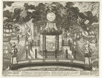 Fuegos artificiales en el Hofvijver en celebración de la victoria en Vigo, 1702 Representaciones de los fuegos artificiales de Her Hoog Moogde Heeren Staten General der Vereenigde Neederlanden ordenados para el uso de los éxitos de Heerlicke de otras armas de Daniël Marot (I)