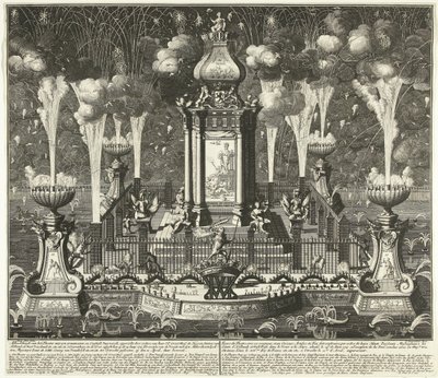 Fuegos artificiales en la celebración del Tratado de Utrecht, 1713 Imagen del teatro con ornamentos syn y fuegos artificiales constigh, erigido por ordere van Haar Ed. Groot Mog: el Heeren Staten van Holland y West Vriesland (...) en La Haya, en el vyver ( de Daniël Stopendaal