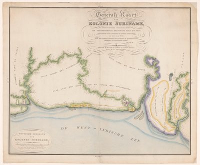 Parte de un mapa de Surinam Mapa general de la colonia de Surinam, que muestra principalmente los edificios actuales de la colonia (título sobre el objeto) de Daniël Veelwaard (I)