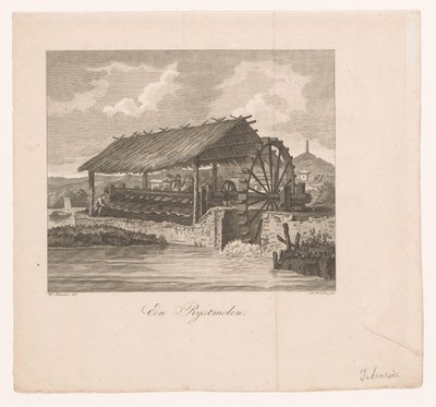 Molino de arroz accionado por una rueda de agua Un molino de arroz (título sobre el objeto) de Daniël Veelwaard (I)