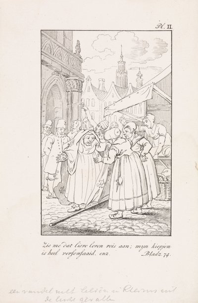 Mujeres en un puesto de mercado con una bandera con lirios franceses Banner con lirios en Reims caídos del cielo Mírame que dulce viaje de vida; mi pollo está muy despeinado, etc. (título sobre el objeto) de Daniël Veelwaard (I)