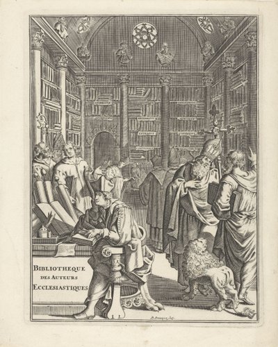 Interior de la biblioteca con el clero Página de título para: Bibliotheque des Authors Ecclesiastiques, sin año de Daniël met de Penningen