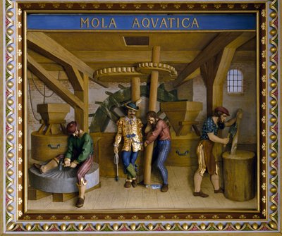 Construcción de rueda de molienda acuática, techo del Salón de los Caballeros de Danish School