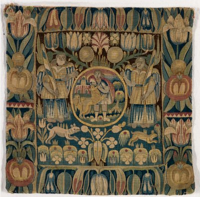 Funda de cojín de tapiz que representa a Sansón matando al león, hecha en Schleswig-Holstein, Dinamarca, c.1615 (lana) de Danish School