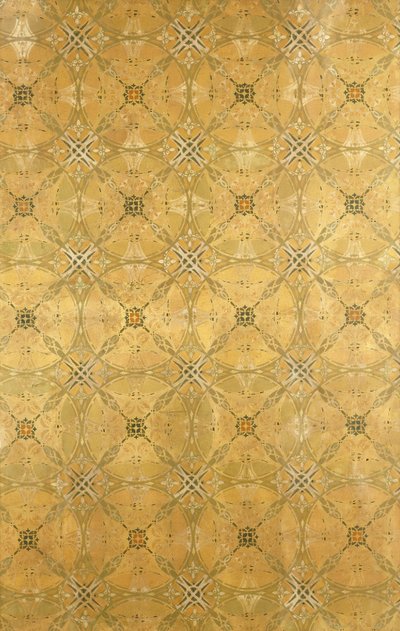 Un panel de techo, con diseño abstracto repetitivo de follaje en verde oliva, ocre, rojo y amarillo, c.1893 de Dankmar Adler