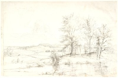 Vista sobre un paisaje boscoso y montañoso. En primer plano un lago de Dankvart Dreyer