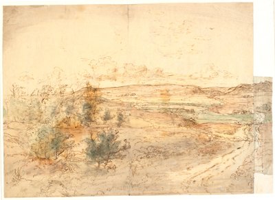 Vista amplia de un paisaje con grandes colinas alrededor de un arroyo. ¿Oeste de Fionia? de Dankvart Dreyer