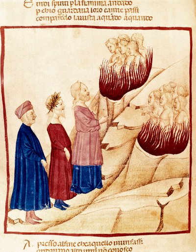 Purgatorio: Dante y Virgilio, miniatura de Dante Alighieri