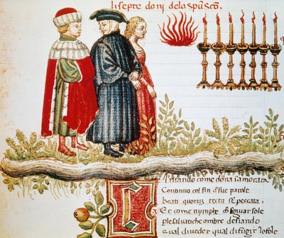 Virgilio, Dante y Matelda, Purgatorio, Canto XXIX, página iluminada de la Divina Comedia, de Dante Alighieri (1265-1321) de Dante Alighieri