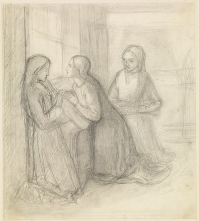 (Posiblemente) Santa Isabel de Hungría arrodillada con sus compañeras Isentrudis y Guta de Dante Gabriel Charles Rossetti