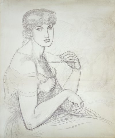 Una mujer sentada sosteniendo un collar, a la derecha otra figura femenina de Dante Gabriel Charles Rossetti