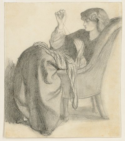 Láquesis: Estudio de Jane Morris Sentada en una Silla Cosiendo de Dante Gabriel Charles Rossetti