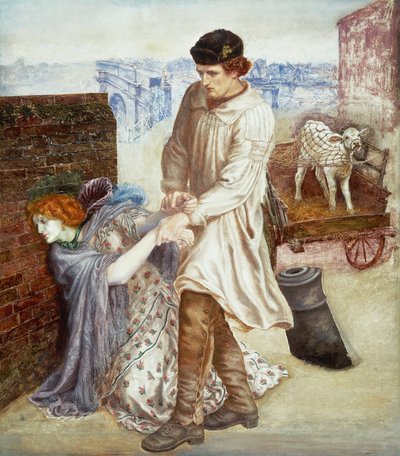 "Redescubierto" Un campesino que vino a la ciudad a vender su ternero intenta levantar a una joven prostituta enferma con una tez cadavérica 1865-1869 de Dante Gabriel Charles Rossetti