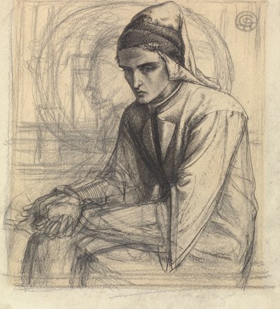 Dante en meditación sosteniendo una granada de Dante Gabriel Rossetti