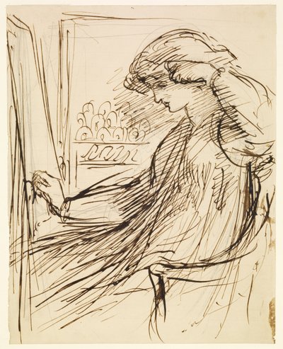 Mujer sentada ante un bastidor o caballete de bordado de Dante Gabriel Rossetti