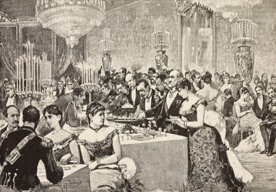 Sala del bufé, Baile de Corte en el Quirinale, Roma, Italia, grabado a partir de un dibujo de Dante Paolocci, de L