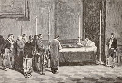 El cuerpo del cardenal Giacomo Antonelli yace en una de las salas del Vaticano, grabado a partir de un dibujo de Dante Paolocci de L