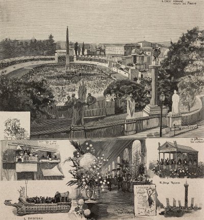 Fiesta de Carnaval en la Piazza del Popolo vista desde la colina del Pincio, Roma, Italia, grabado según dibujo de Dante Paolocci, de L