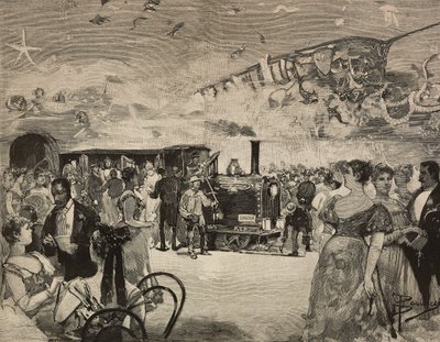 Fiesta de carnaval en el Club Artístico Internacional (Circolo Artistico) de Roma, Italia, grabado según dibujo de Dante Paolocci, de L