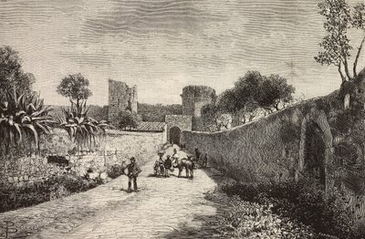 Puerta del Castello, Corneto Tarquinia, Italia, grabado a partir de un dibujo de Dante Paolocci, de L