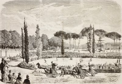 Carreras de cuadrigas en Villa Borghese, Roma, Italia, grabado a partir de un dibujo de Dante Paolocci de L