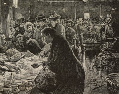 Mercado de Navidad en Roma, Italia, grabado según dibujo de Dante Paolocci, de L