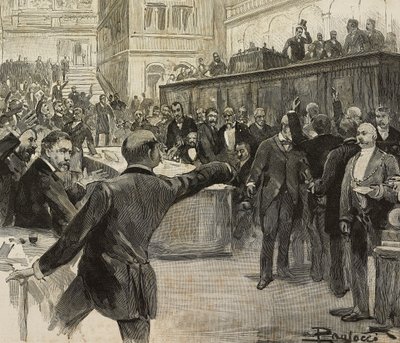 Polémica en la Cámara de Diputados tras la lectura del informe del Comité de los Siete (Comitato dei Sette) encargado de la investigación sobre las responsabilidades de los bancos, 23 de noviembre. de Dante Paolocci