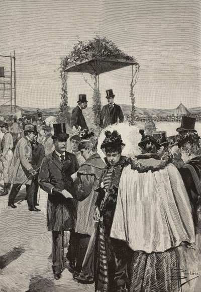 El Conde de Turín Vittorio Emanuele de Saboya-Aosta en las carreras de Tor di Quinto, Roma, Italia, grabado según dibujo de Dante Paolocci, de L