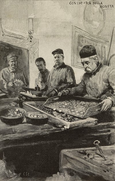 Recuento de monedas en la ceca de Roma, Italia, grabado según dibujo de Dante Paolocci, de L