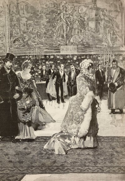 Salón de los coraceros en el Quirinal durante la fiesta, Roma, Italia, grabado de Francesco Giovanni Cantagalli a partir de un dibujo de Dante Paolocci, de L