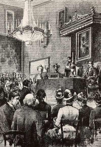 Elección de Regentes en la República de San Marino, grabado a partir de un dibujo de Dante Paolocci, de L