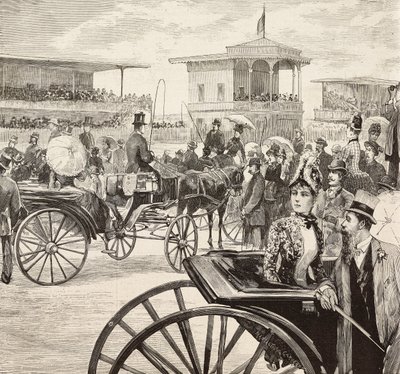 Hombres y mujeres elegantes asisten a una carrera de caballos en el hipódromo, Roma, Italia, grabado a partir de un dibujo de Dante Paolocci, de L