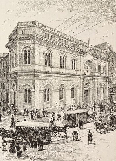 Iglesia evangélica en Via Nazionale, Roma, Italia, grabado a partir de un dibujo de Dante Paolocci, de L